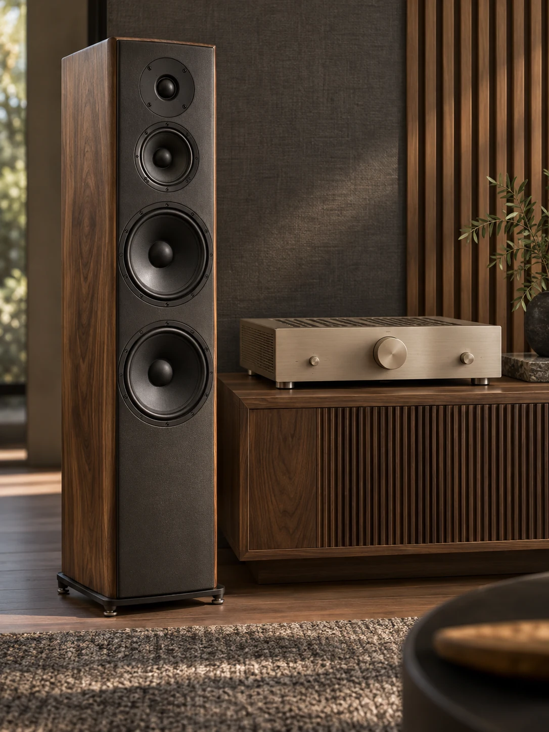 A walnut floorstanding loudspeaker and brushed-metal amplifier in an acoustic listening space