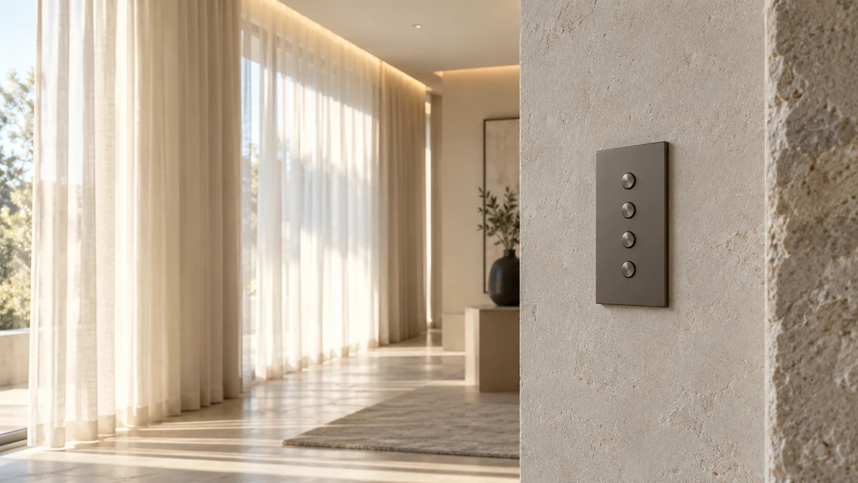 A discreet wall control beside sunlit motorised drapes and integrated lighting