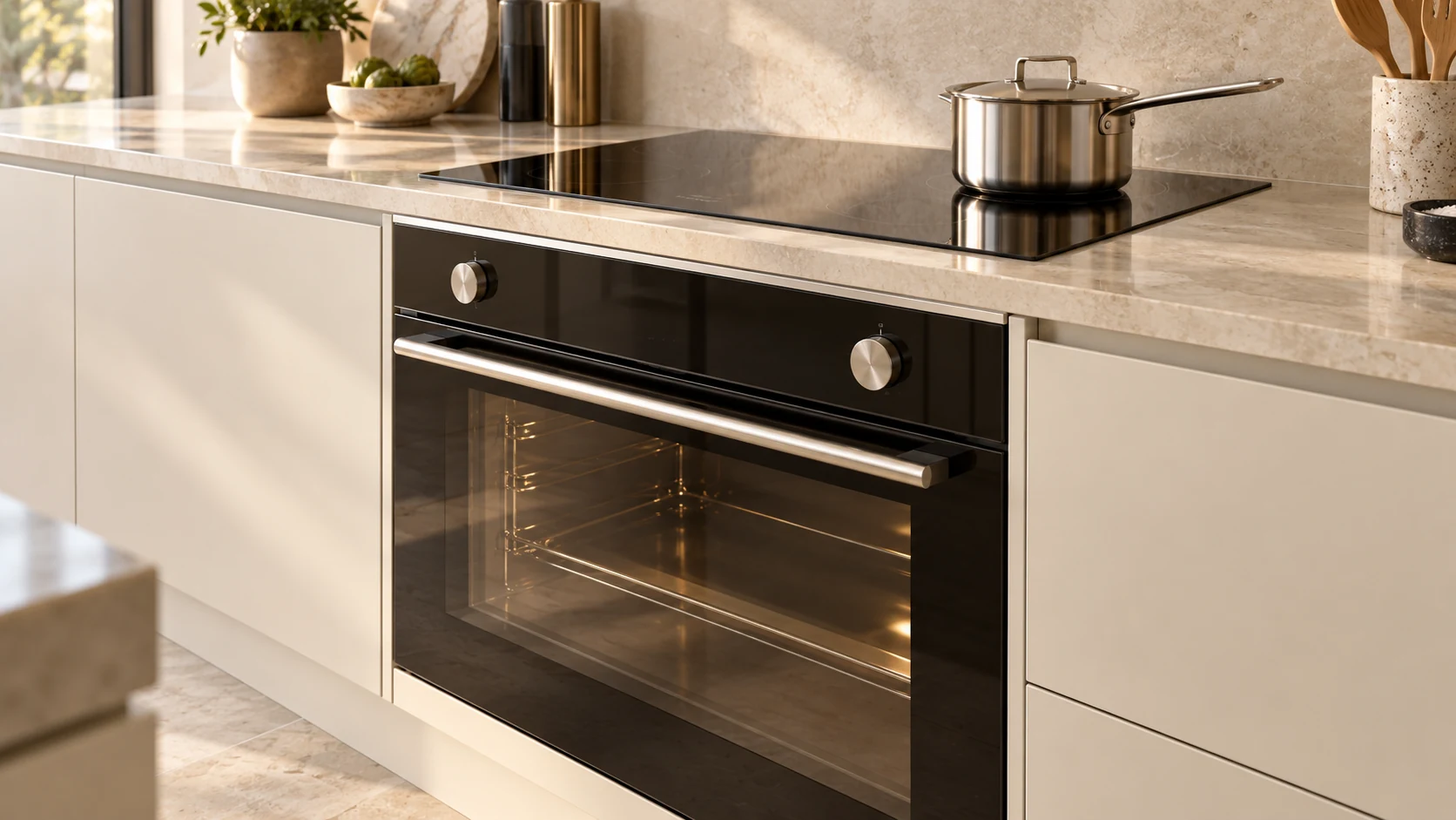 A precision built-in oven and cooking hob in a bright ivory kitchen